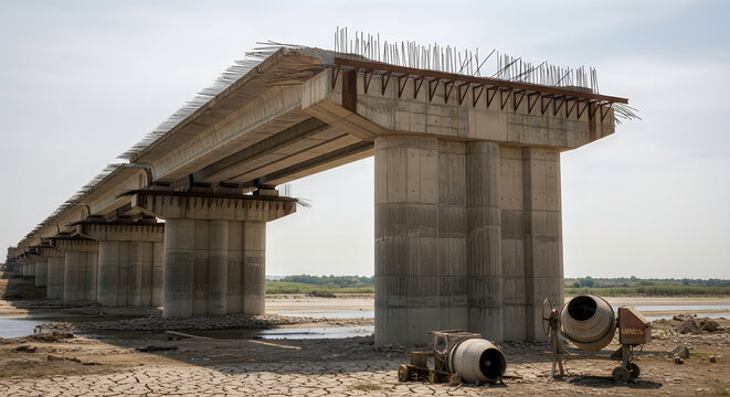 Unfinished concrete bridge construction site over a dry riverbed with cement mixers in the foreground