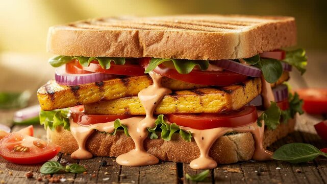 Delicious grilled tofu sandwich with fresh lettuce tomato and creamy sauce on toasted bread