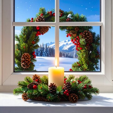 A serene winter scene viewed through a window with a candle