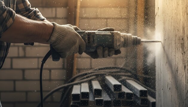 Close up of worker using electric rotary hammer drill on concrete wall