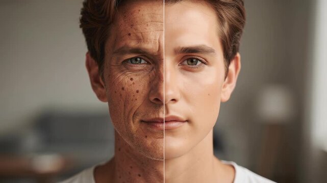 Close up of a man's face showing aging effects with wrinkles and smooth youthful skin split portrait
