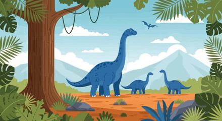 Dinosaur Jungle Landscape Vector Illustration with Brachiosaurus Family, Tropical Plants and Prehistoric Nature Scene for Kids Education and Wildlife Design © EdGe Creative