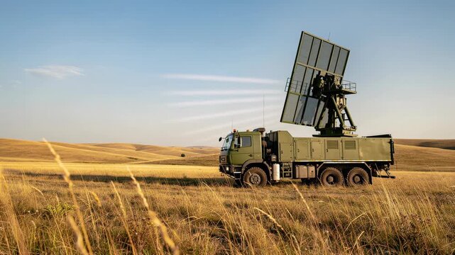 Military radar truck in open field during sunset with clear sky and dry grass landscape