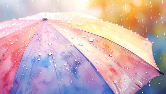 梅雨の季節に明るい雨空の下で水たまりに波紋を広げる赤い傘の水彩画風イラスト素材