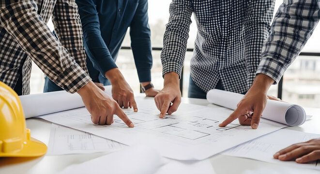 Workers in plaid shirts discuss construction plans with blueprints on a table