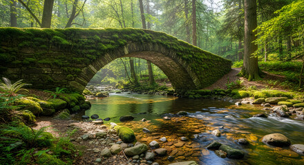 Fototapeta premium Ancient stone bridge covered in moss over a forest stream