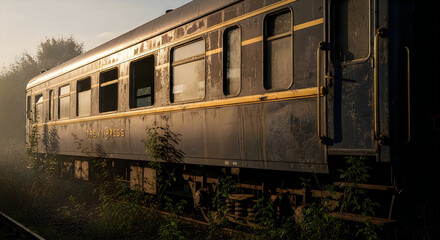 Fototapeta premium Vintage orient express train carriage abandoned on tracks at sunset with peeling paint and weathered exterior