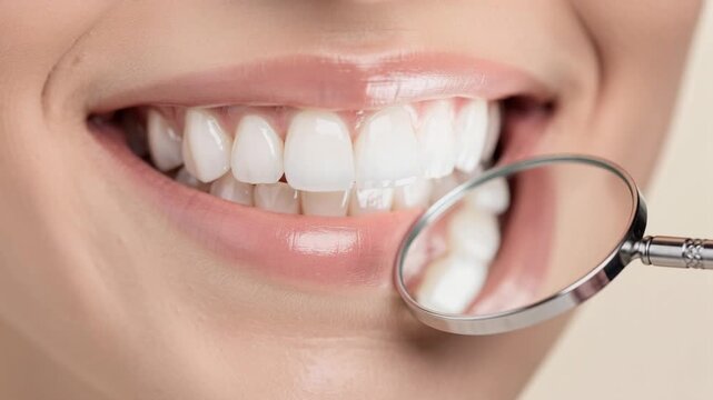 Close up of healthy white teeth with dental mirror reflecting perfect smile for oral care and hygiene