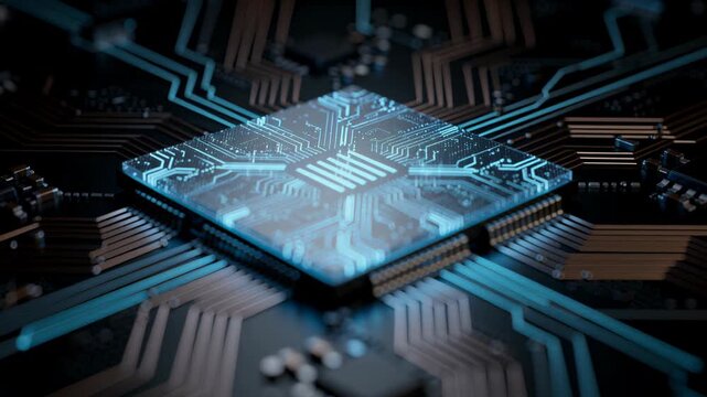 Close-up of a futuristic computer microchip with glowing circuits on a dark motherboard