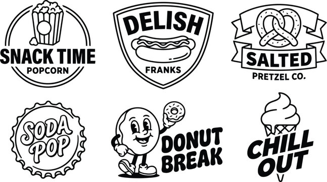 Set of black and white snack food logos and emblems