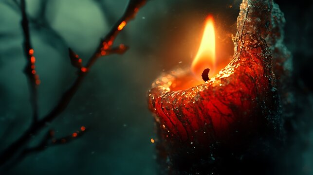Ethereal candle flame illuminates gnarled branch in dramatic close-up setting