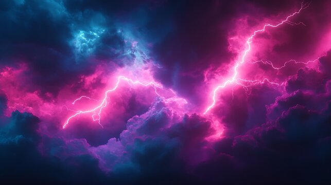 Dramatic stormscape of neon lightning striking through ethereal cloud formations