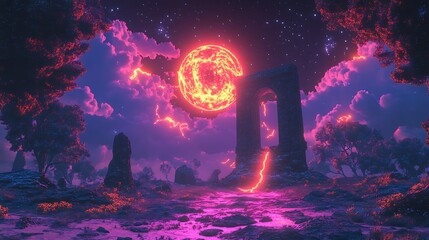 Obraz premium Otherworldly landscape with glowing celestial body and ancient archway ruin