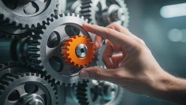 Close up of hand installing bright orange gear in mechanical system with interlocking metal gears
