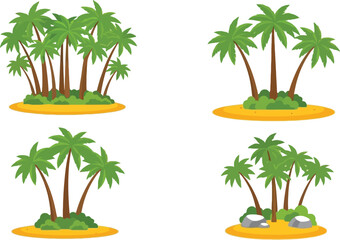Obraz premium Tropical Palm Tree Island Vector Set with Small Beach Landscapes, Coconut Trees and Sand Elements for Summer Design, Travel Illustration and Nature Collection