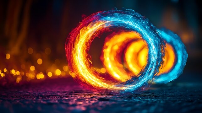 Dynamic luminescent rings in abstract convergence of fire and water energy