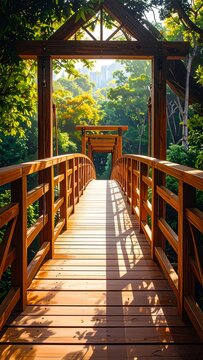 A serene wooden bridge in a lush forest