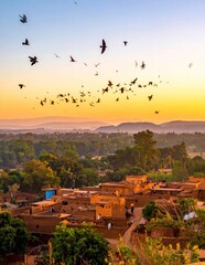 Obraz premium Birds flying over a traditional village at vibrant sunset.