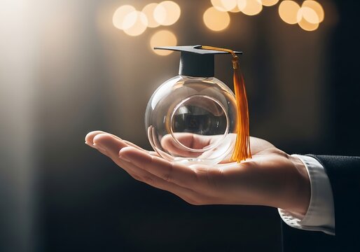 graduation cap on glass sphere in hand symbolizing future success and academic achievement
