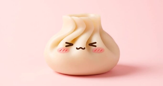 Cute cartoon-style dumpling with a smiling face against a pastel pink background