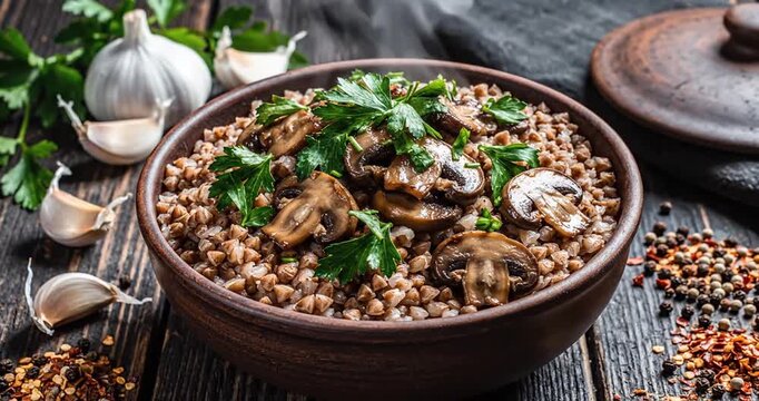 Delicious buckwheat dish with mushrooms and herbs served in a rustic bowl on a wooden table