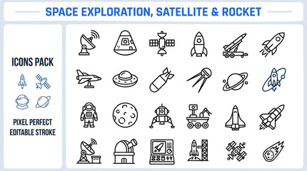 Space exploration satellite rocket astronomy outline vector icon set © Pixel_Forge