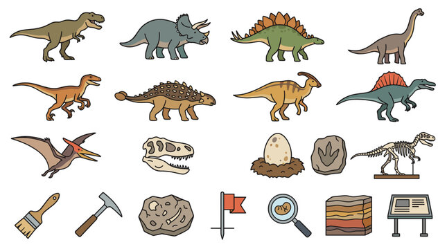 Prehistoric dinosaur collection with fossils eggs footprints excavation tools rocks and information signs in educational cartoon vector style