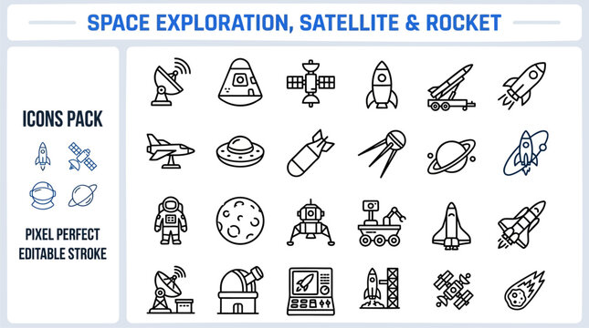 Space exploration satellite rocket astronomy outline vector icon set