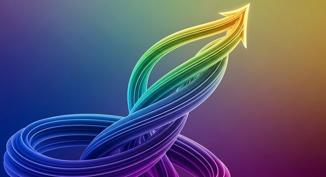 Dynamic intertwined iridescent arrow symbolizing continuous growth, innovation, and an upward trajectory towards future success in a vibrant abstract design