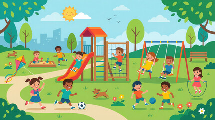 Naklejka premium Children play outside in a sunny park with playground equipment and soccer goals nearby.