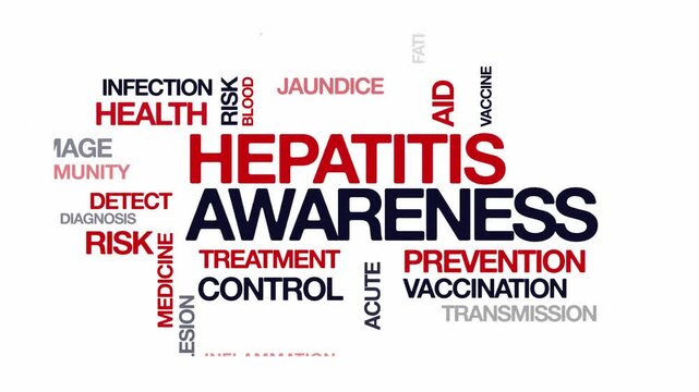 Hepatitis awareness concept Animated Tag Word Cloud kinetic typography, Text Design Animation typography seamless loop video motion graphics Intro Wordart arrangement red type on white background bg b
