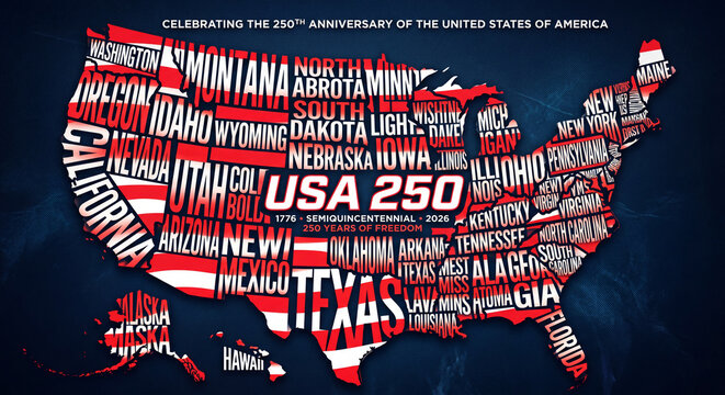 Typographic USA map poster for 250th Anniversary, a style 50 states illustration, 4K generative AI art.

