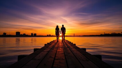 Fototapeta premium Couple standing on a dock at sunset with city skyline and calm water in the background romantic atmosphere