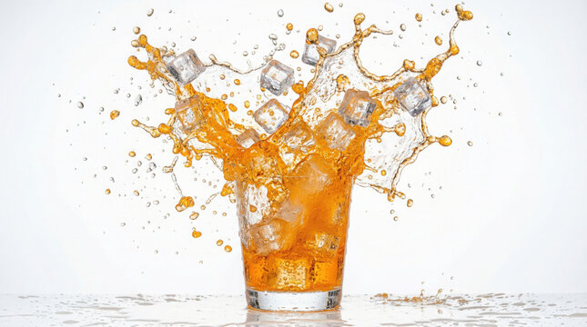 A glass of orange drink with ice cubes exploding in a dynamic splash on a table indoors.