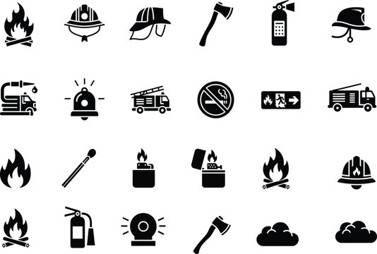 Comprehensive fire safety and firefighter icons set illustrating emergency response and prevention tools with firefighter