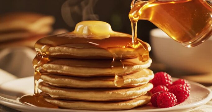 Delicious stack of fluffy pancakes drizzled with syrup and garnished with fresh raspberries