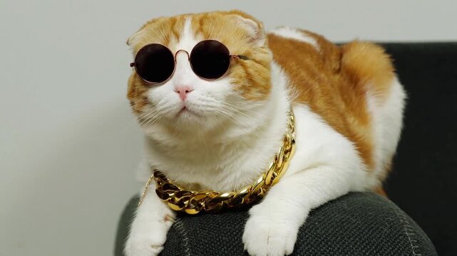 Stylish cat wearing sunglasses and gold chain necklace on couch