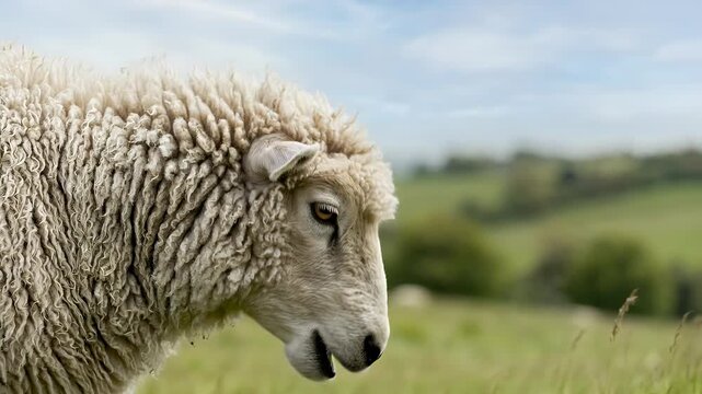 Close Up of a Fluffy White Sheep in a Green Meadow