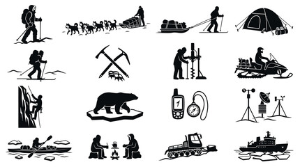 Obraz premium Arctic Exploration and Adventure Icons - Black and White Glyph Art
