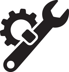 Obraz premium Black gear, wrench icon, mechanical symbol, industrial tool, repair sign