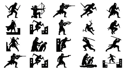 Obraz premium Action Martial Arts Ninja Assassin Warrior Silhouettes Vector Glyph Icon Set