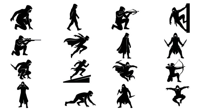 Black and white silhouette icons of ninjas and assassins in action poses