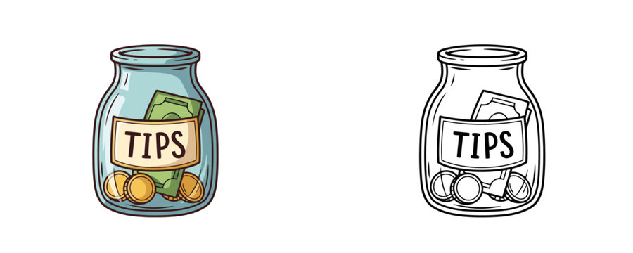 Glass jar with money coins and banknote colored illustration and black line art objects represent donation or gratuity container for service on a white background without texture