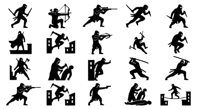 Action Martial Arts Ninja Assassin Warrior Silhouettes Vector Glyph Icon Set
