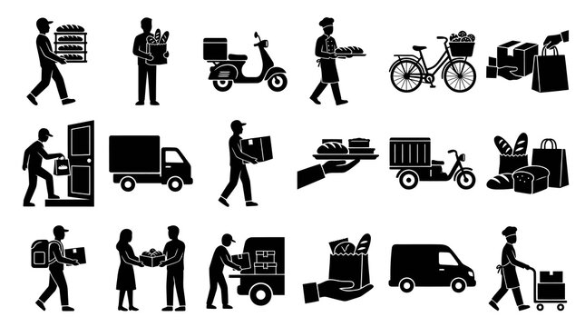Food delivery service icons: people, vehicles, and food items, black and white glyphs