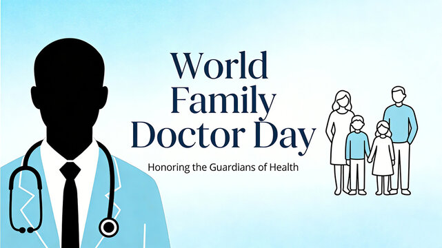 World Family Doctor Day poster featuring silhouettes of doctors and families, representing a tribute to primary healthcare practitioners and safeguarding the health of the entire family
