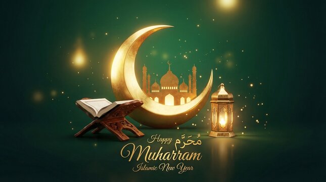 Muharram crescent moon with mosque and holy book beside glowing lantern on green background for Islamic new year greeting banner spiritual design use