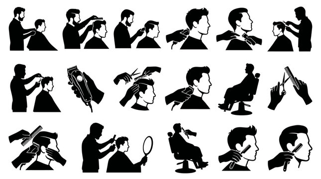 Barber Haircut Service Glyph Icons Set - Hairdressing, Stylists  Tools Black  White