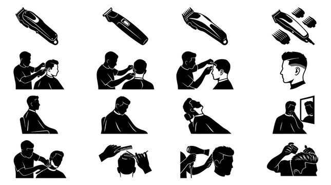 Black  White Glyph Icons of Hair Clippers and Barbershop Services