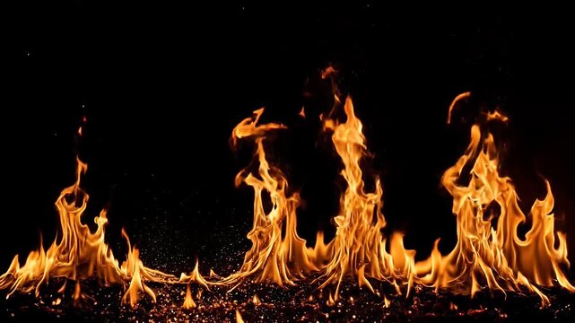 Intense Golden Fire Flames and Glowing Sparks over Black